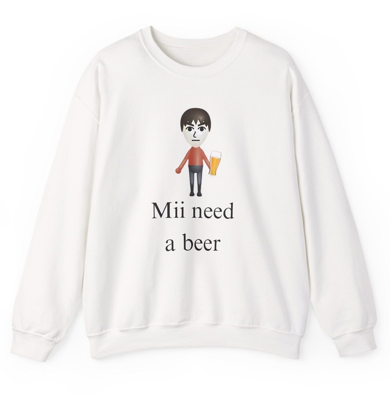 Funny Mii Need A Beer Sweatshirt featuring alcohol humor and gaming-inspired design, perfect for men & women casual sweater wear and humor lovers.