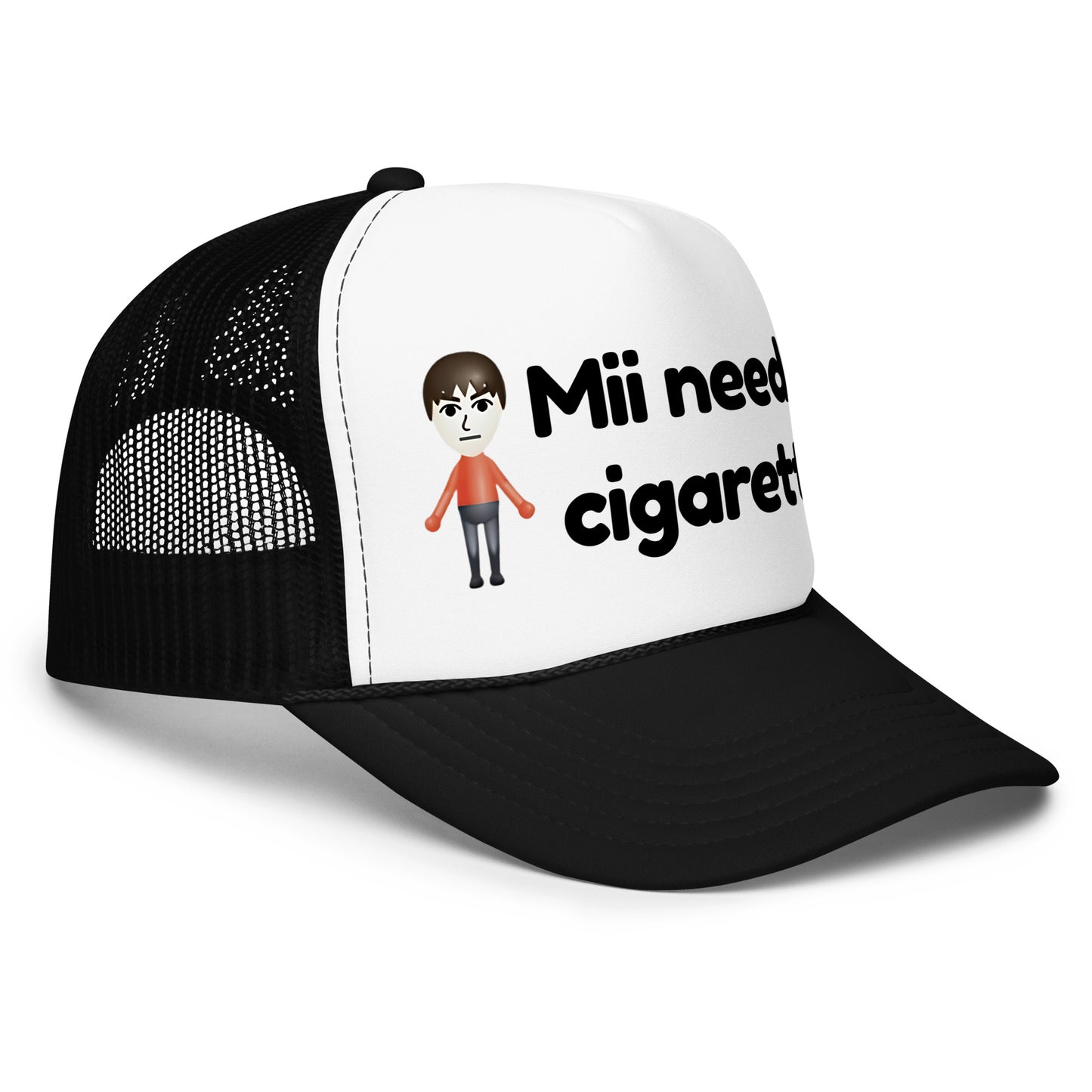 Crazy funny trucker hat for men with bold text that says “Mii Need A Cigarette” — a hilarious drinking hat with mesh back, perfect for fans of unhinged humor, viral sayings, and bold party energy.

