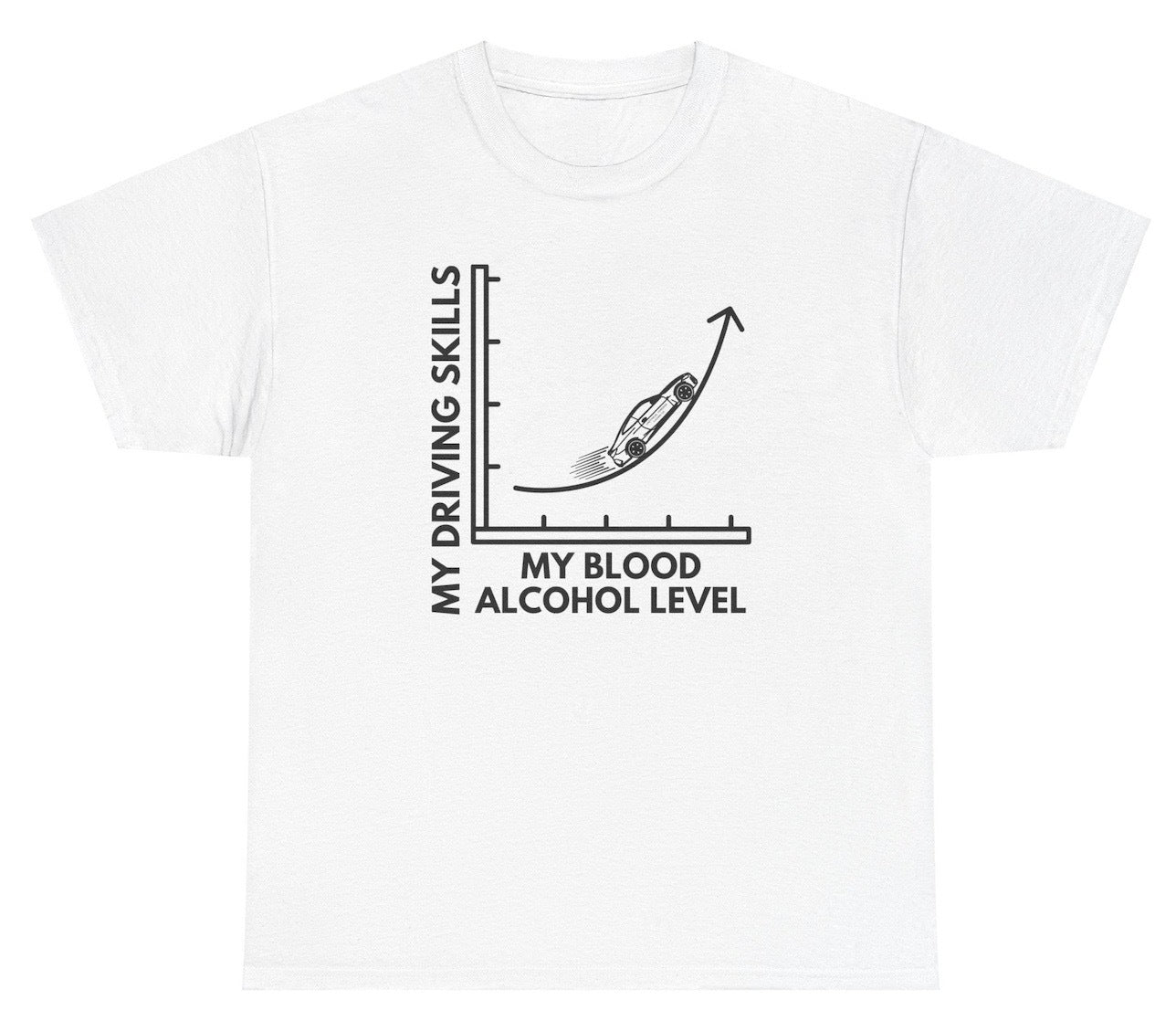 Funny "My Driving Skills My Blood Alcohol Level" shirt featuring an exponential graph joke about DUI humor. Perfect for casual wear, drinking parties, and gag gifts.