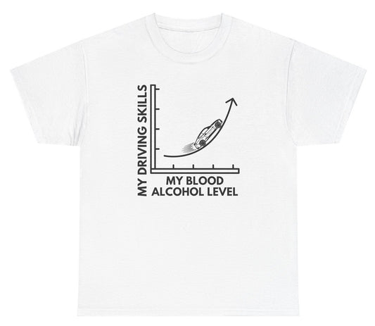 Funny "My Driving Skills My Blood Alcohol Level" shirt featuring an exponential graph joke about DUI humor. Perfect for casual wear, drinking parties, and gag gifts.