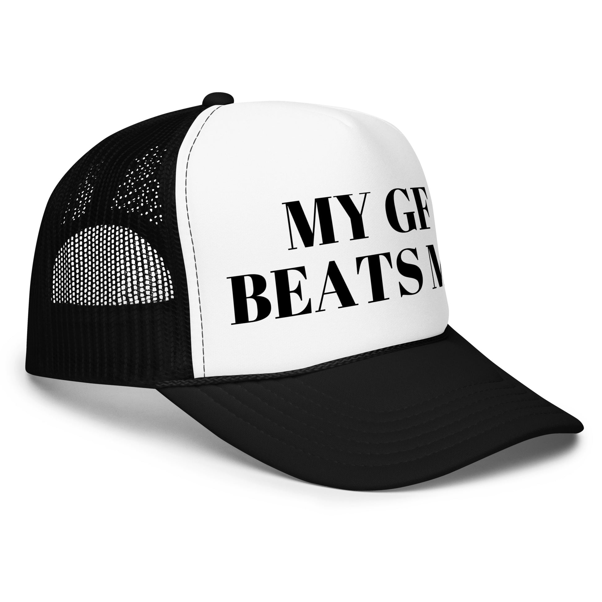Crazy funny trucker hat for men with bold text that says “My GF Beats Me” — a dark humor mesh-back hat designed for guys who love inappropriate jokes, outrageous sayings, and wild party conversations.

