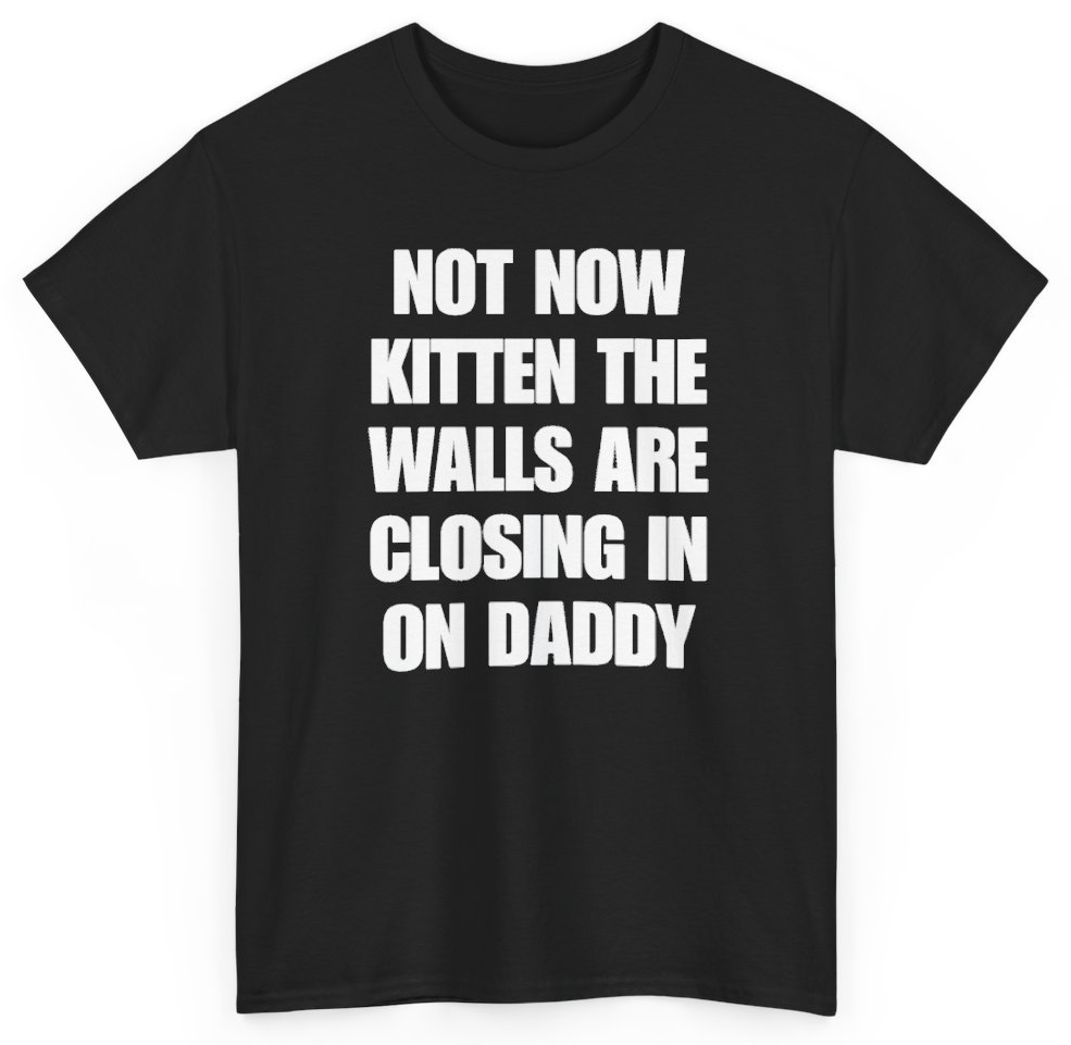 Funny Not Now Kitten The Walls Are Closing In On Daddy T-Shirt featuring bold sarcastic humor and graphic design, perfect for casual wear and humor lovers