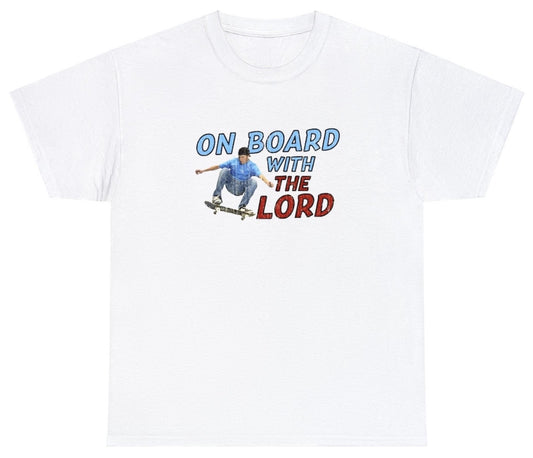 "Uplifting 'On Board With The Lord' t-shirt, perfect for fans of faith-based apparel and inspirational designs. Ideal for casual wear and church gatherings."

