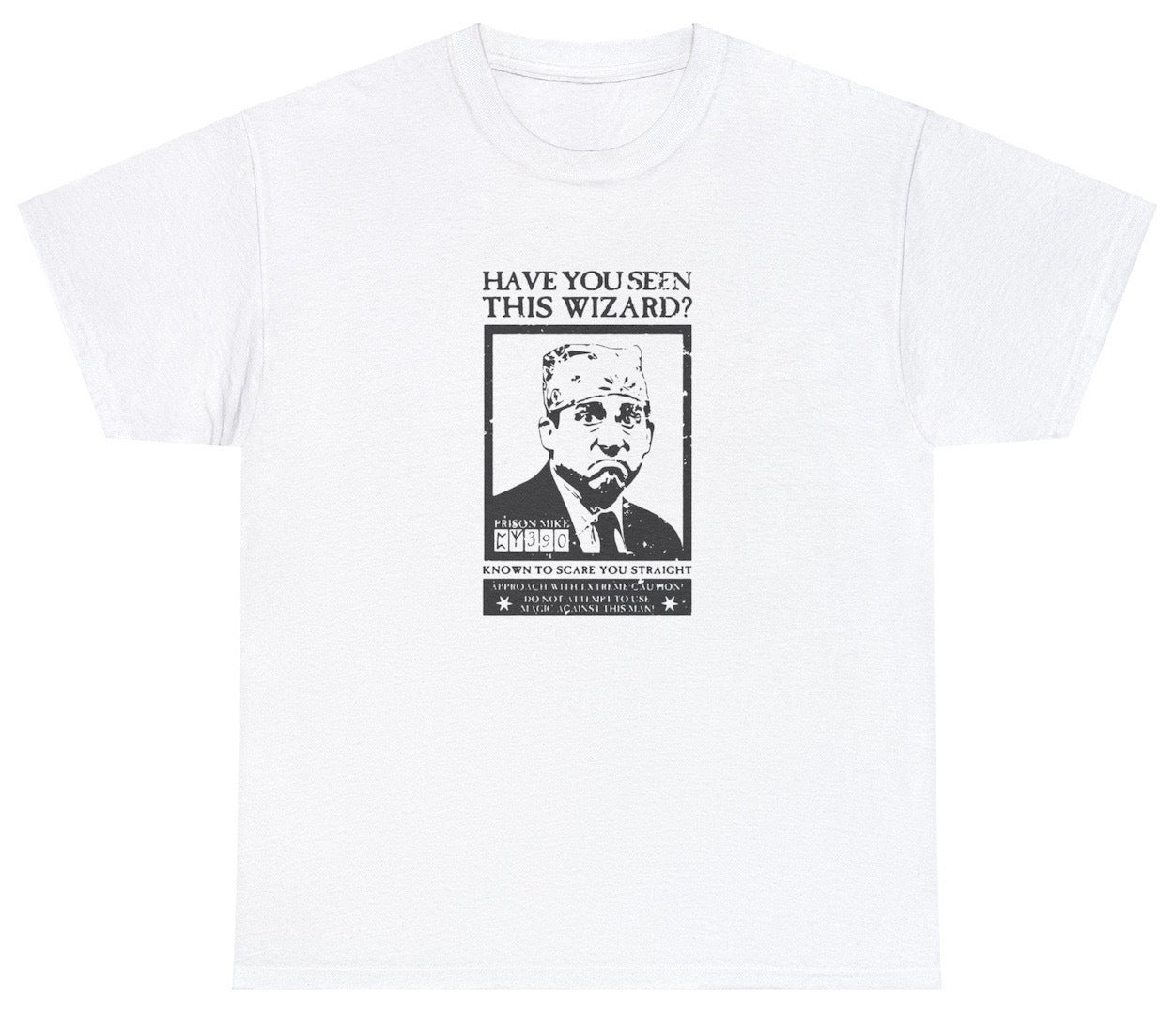 "Funny 'Prison Mike' t-shirt, perfect for fans of The Office and Michael Scott’s iconic character. Ideal for casual wear and gifts."