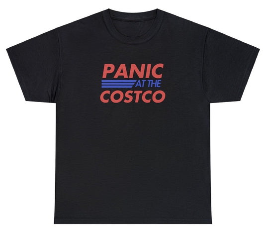 "Playful 'Panic At The Costco' t-shirt, perfect for fans of pop culture references and quirky humor. Ideal for casual wear and fun gifts."

