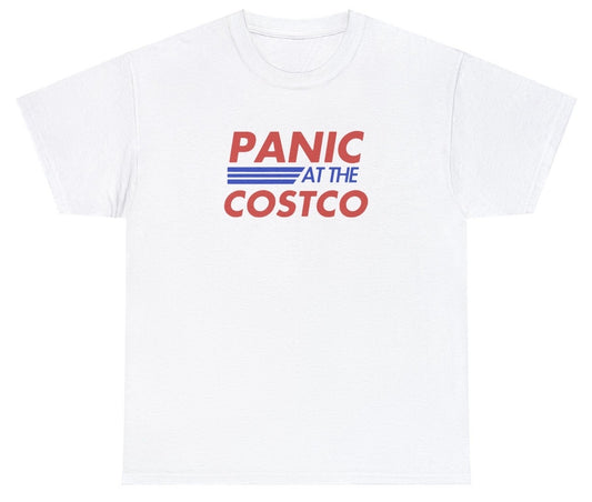 "Playful 'Panic At The Costco' t-shirt, perfect for fans of pop culture references and quirky humor. Ideal for casual wear and fun gifts."

