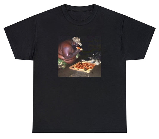 "Funny 'Gumbo Slice Eating A Slice Of Pizza' t-shirt featuring playful humor, perfect for fans of quirky and bold designs."

