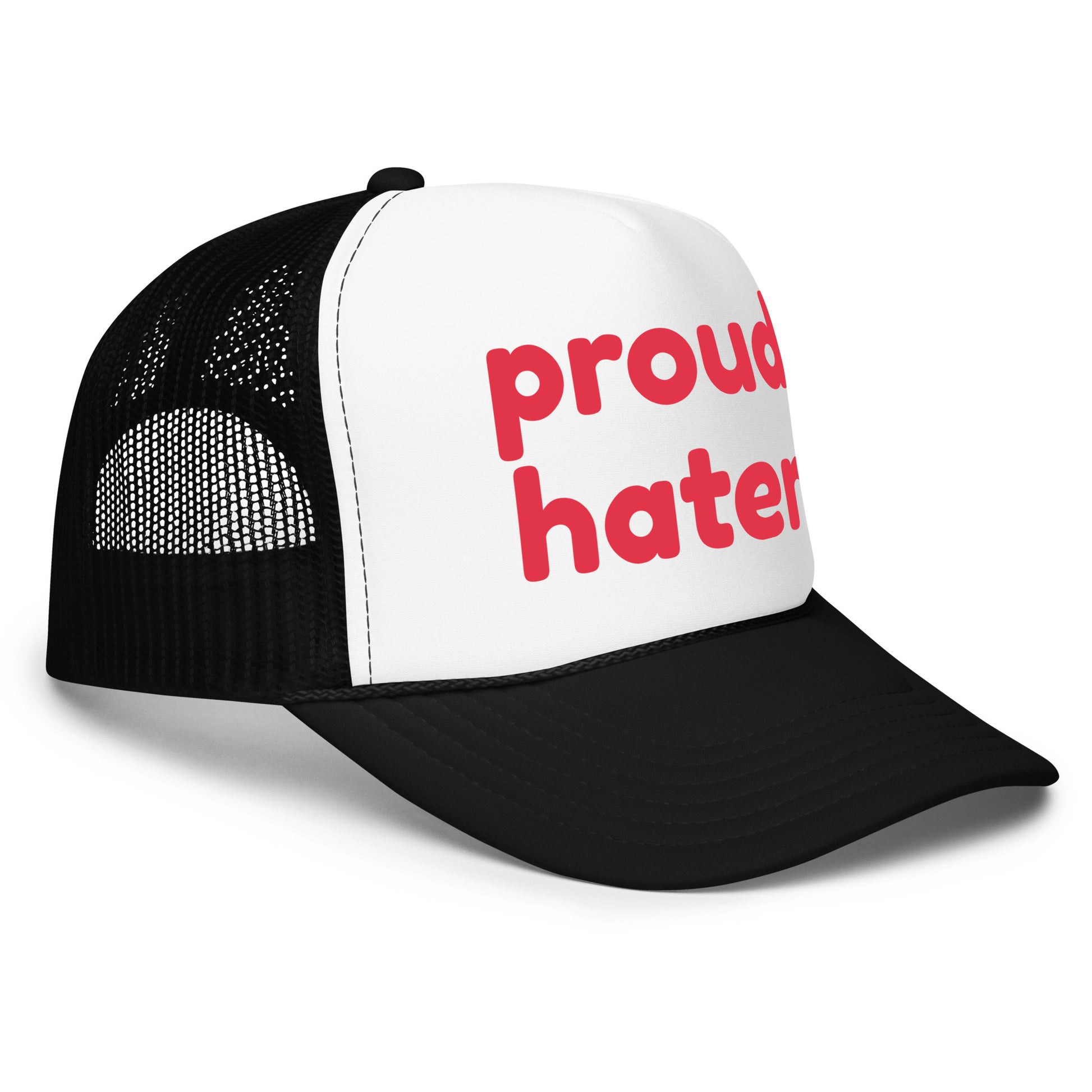 Funny mesh foam trucker hat for men with bold white text that says “Proud Hater” — a crazy and hilarious hat with top funny sayings, perfect for parties, bold personalities, and fans of funny hats for men with attitude.

