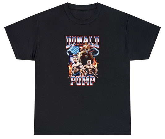 "Playful 'Donald Pump' t-shirt, perfect for fans of political humor and gym culture. Ideal for casual wear, workouts, and fun gifts."

