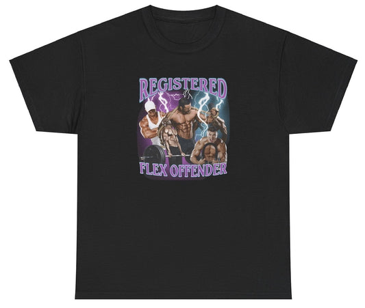 "Funny 'Registered Flex Offender' t-shirt, perfect for gym lovers and fans of bold humor. Great for casual wear and gag gifts."