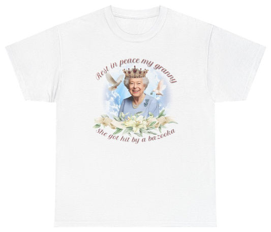 Funny RIP My Granny She Got Hit By A Bazooka Queen Elizabeth Tee T-Shirt featuring bold sarcastic humor and graphic design, perfect for casual wear and humor lovers