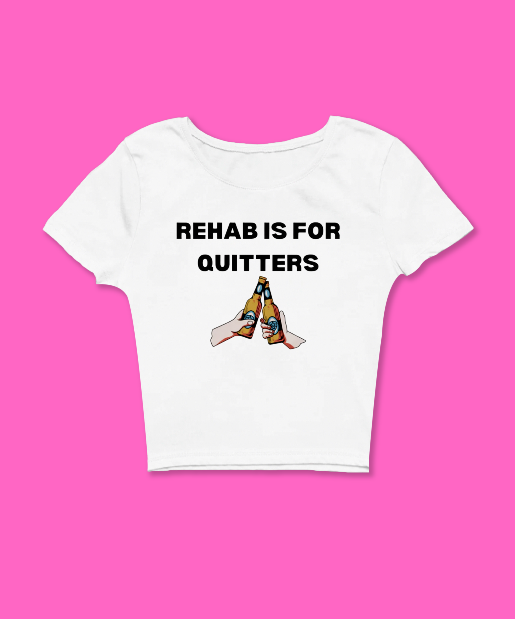 Rehab Is For Quitters Baby Tee featuring a bold graphic and Y2K aesthetic. This funny baby tee is a women’s crop top available as a black baby tee or white baby tee, perfect for those who love graphic baby tees and Y2K baby tee fashion.