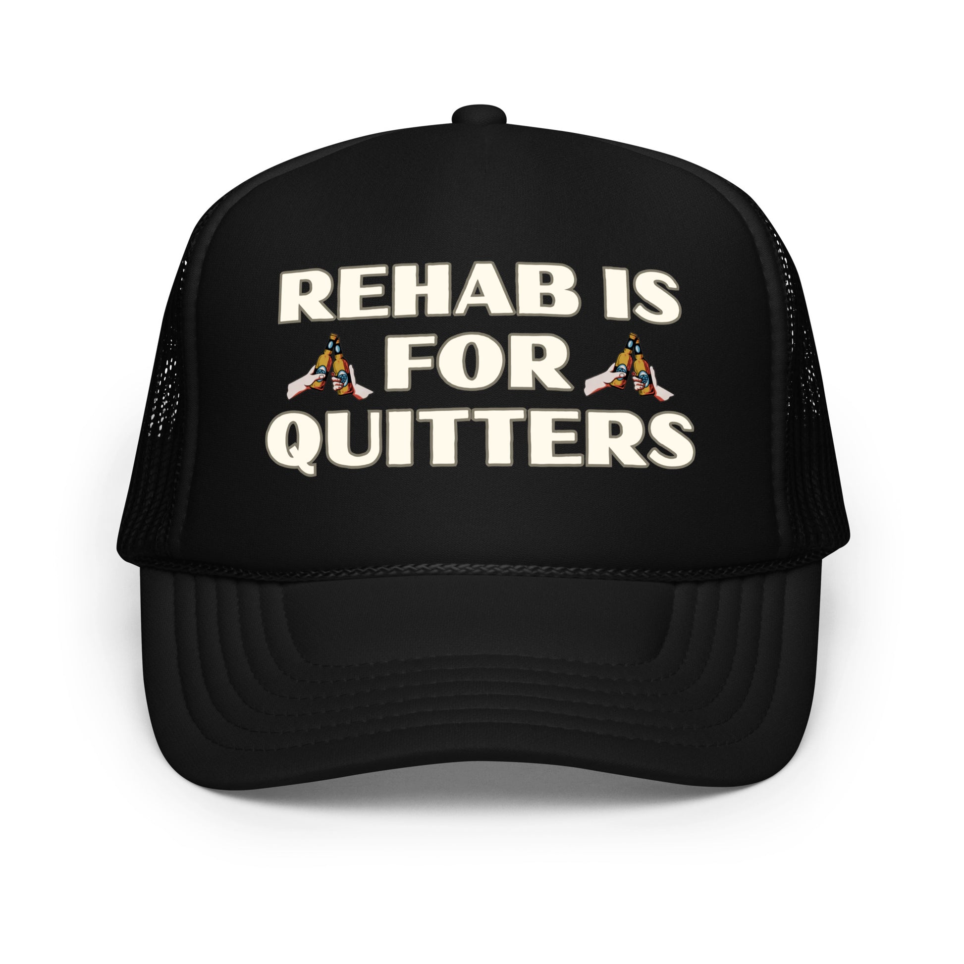 Funny drinking trucker hat for men with bold text that says “Rehab Is For Quitters” — a hilarious beer-themed mesh hat featuring crazy sayings, perfect for parties, bold humor, and fans of inappropriate and funny hats for men.



