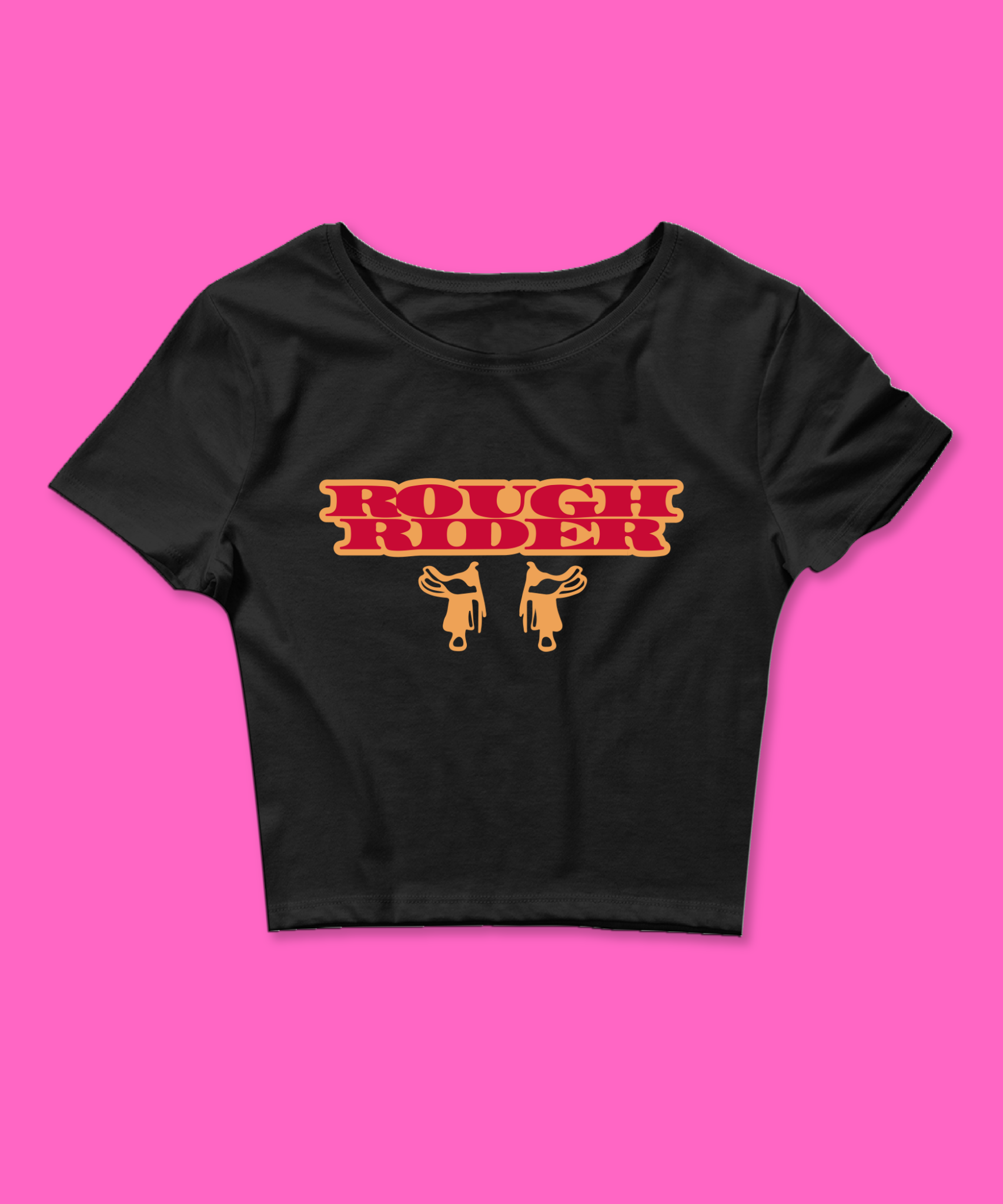 Rough Rider Baby Tee featuring a bold graphic and Y2K aesthetic. This funny baby tee is a women’s crop top available as a black baby tee or white baby tee, perfect for those who love graphic baby tees and Y2K baby tee fashion.