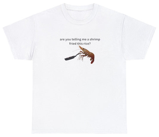 "Playful 'Shrimp Fried Rice' t-shirt for food lovers and fans of quirky humor. Perfect for casual wear and food-themed parties."

