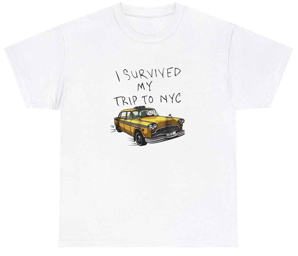 "Funny 'I Survived My Trip To NYC' t-shirt, perfect for fans of travel humor and quirky souvenirs. Ideal for casual wear and gifts."


