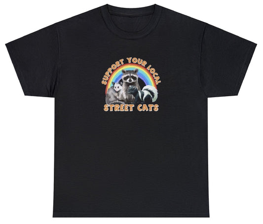 "Heartwarming 'Support Your Local Street Cats' t-shirt, perfect for cat lovers and animal advocates. Ideal for casual wear or gifts."

