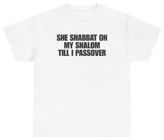 Funny She Shabbat On My Shalom Till I Passover T-Shirt featuring bold sarcastic humor and graphic design, perfect for casual wear and humor lovers