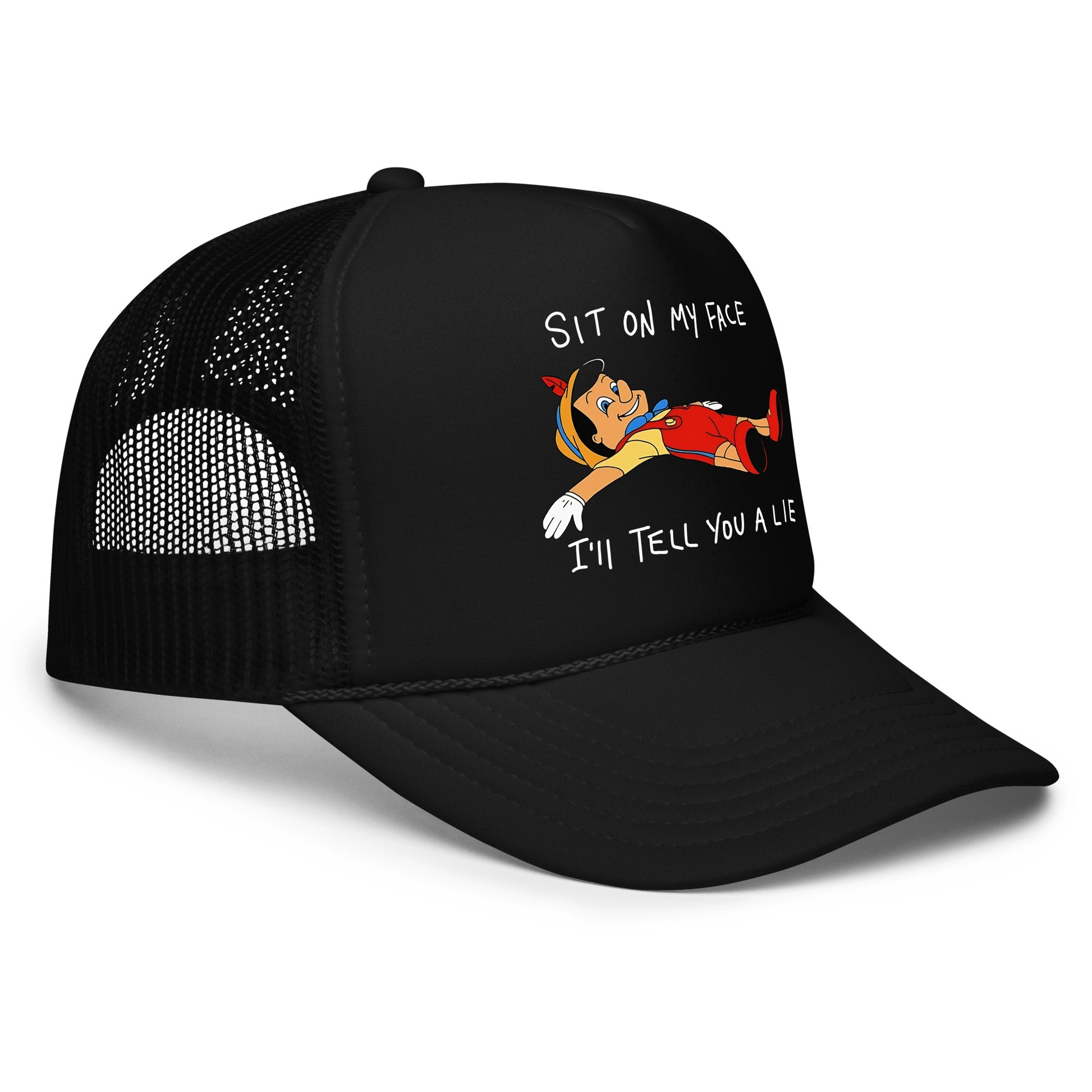 Funny inappropriate trucker hat with bold text that says “Sit On My Face And I’ll Tell You A Lie” — a wild movie parody mesh hat for men who love edgy humor, drinking hats, and hilarious hat sayings with a dark twist.

