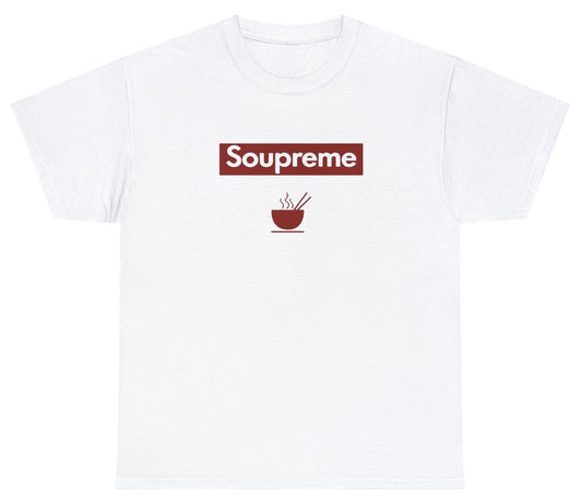 "Quirky 'Soupreme' t-shirt, perfect for fans of wordplay and clever humor. Ideal for casual wear and fun gifts."


