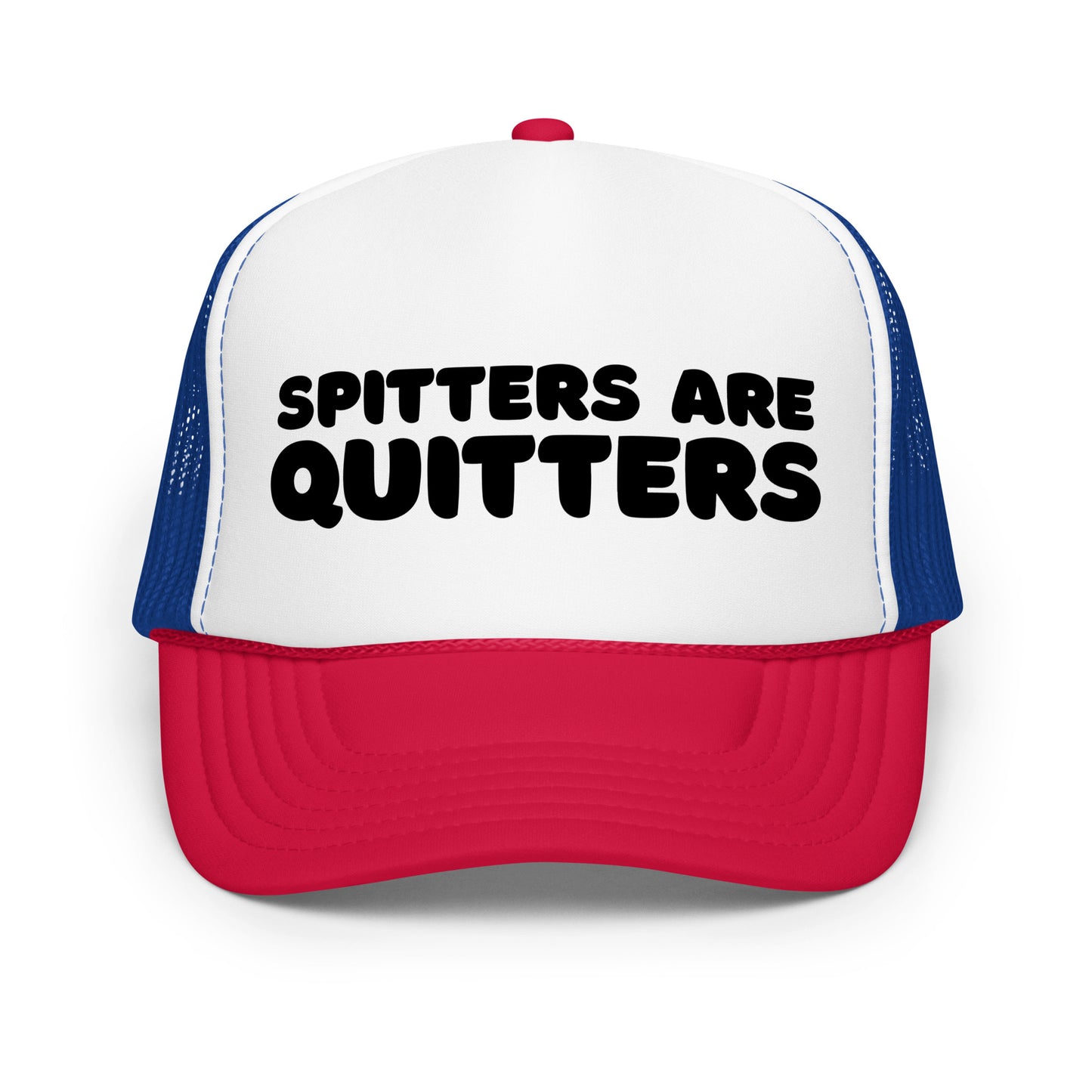 Bold white/blue/red funny mesh trucker hat with black text that says “Spitters Are Quitters” — an inappropriate drinking hat for men with dirty humor, hilarious party vibes, and top-tier funny hat sayings.