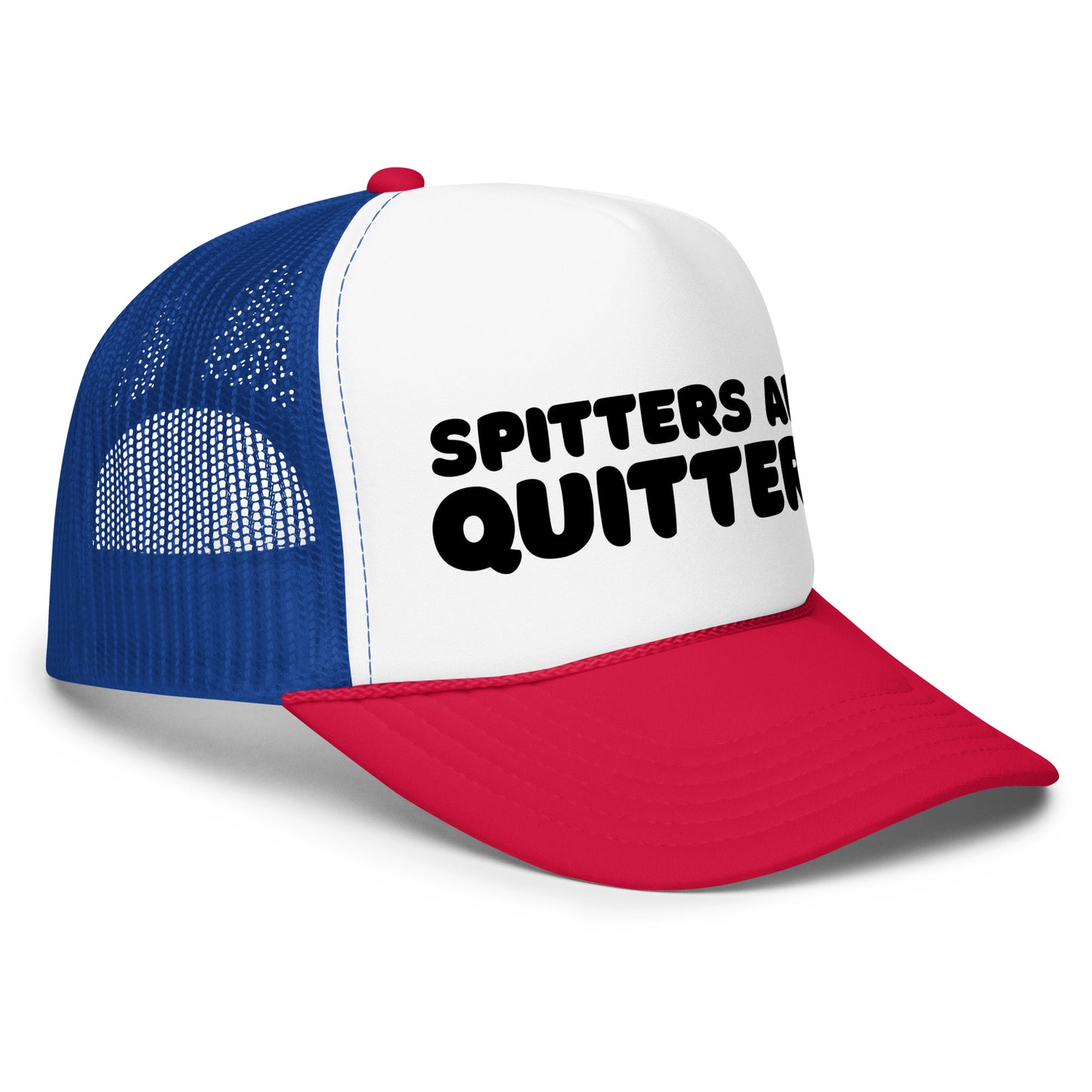 Bold red/white/blue funny mesh trucker hat with black text that says “Spitters Are Quitters” — an inappropriate drinking hat for men with dirty humor, hilarious party vibes, and top-tier funny hat sayings.