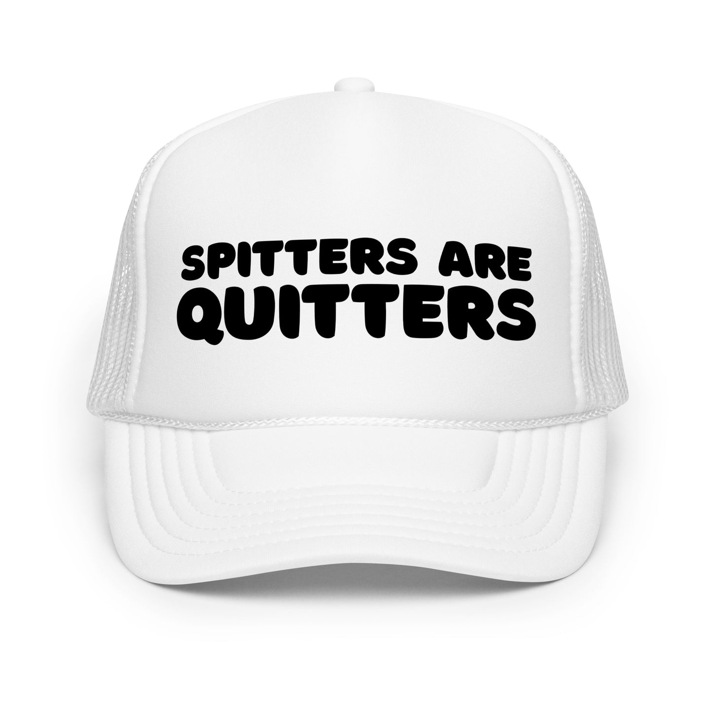 Bold white funny mesh trucker hat with black text that says “Spitters Are Quitters” — an inappropriate drinking hat for men with dirty humor, hilarious party vibes, and top-tier funny hat sayings.