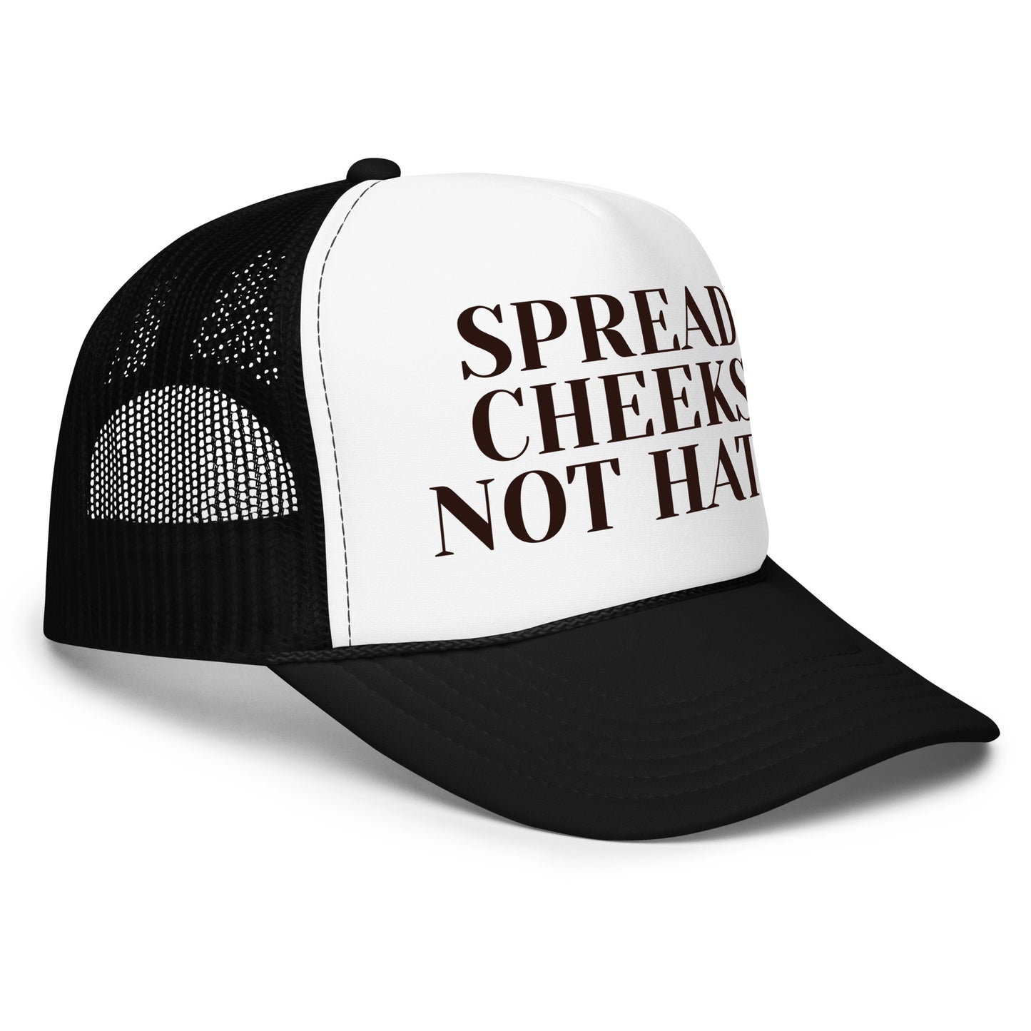Funny inappropriate trucker hat for men with bold text that says “Spread Cheeks Not Hate” — a crazy mesh-back hat with hilarious sayings, perfect for parties, bold humor, and fans of funny hats for men who love unhinged energy.

