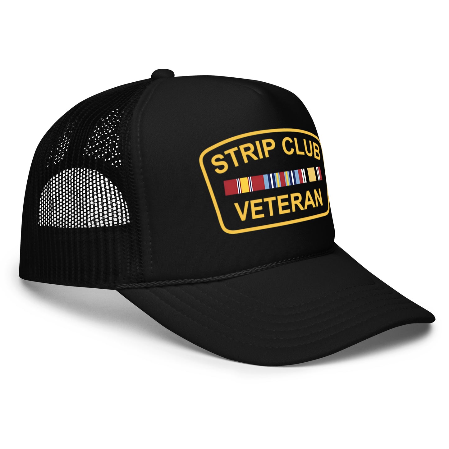 Funny inappropriate trucker hat that reads “Strip Club Veteran” in military-style text — a hilarious gift hat for men who love crazy humor, drinking hats, and bold party statements.