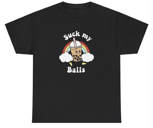 "Bold 'Suck My Balls' t-shirt, perfect for fans of edgy humor and bold statements. Great for casual wear and humor lovers."

