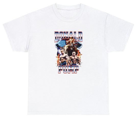"Playful 'Donald Pump' t-shirt, perfect for fans of political humor and gym culture. Ideal for casual wear, workouts, and fun gifts."

