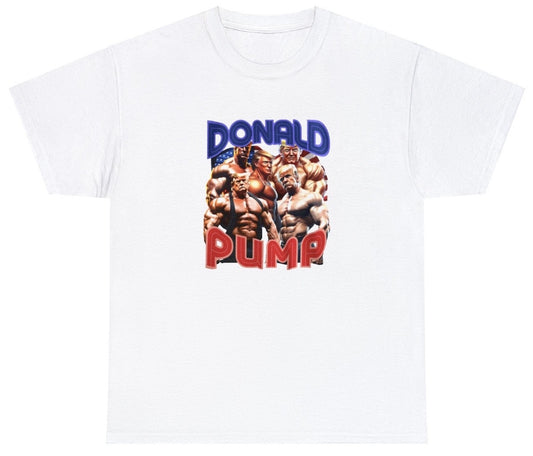 "Playful 'Donald Pump' t-shirt, perfect for fitness lovers and fans of political humor. Great for casual wear and gym sessions."

