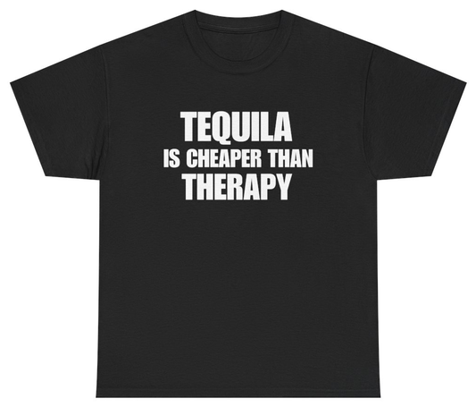 Funny Tequila Is Cheaper Than Therapy Black Tee T-Shirt featuring bold sarcastic humor and graphic design, perfect for casual wear and humor lovers