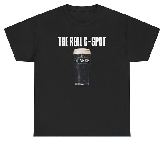 Funny Guinness-style shirt that says “The Real G Spot” with inappropriate beer meme humor.