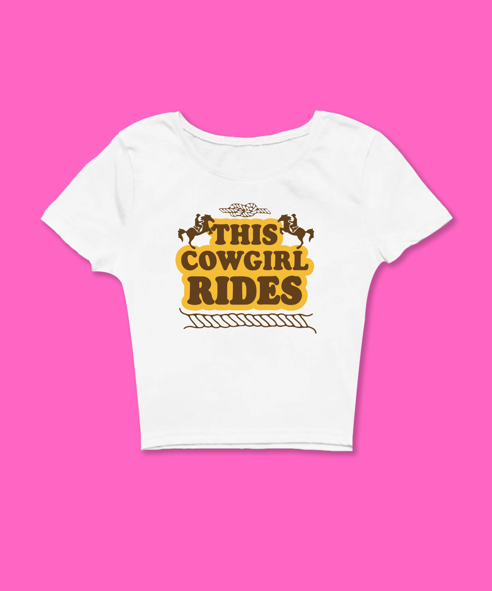 This Cowgirl Rides Baby Tee featuring a bold graphic and Y2K aesthetic. This funny baby tee is a women’s crop top available as a black baby tee or white baby tee, perfect for those who love graphic baby tees and Y2K baby tee fashion.