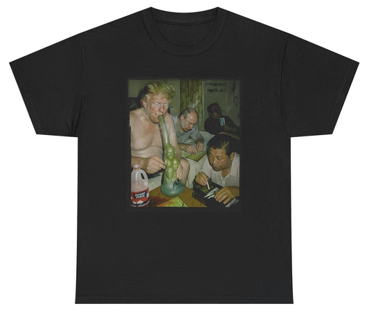 Funny Trump Kim Putin Xi 420 Party T-Shirt featuring presidential humor and meme-inspired design, perfect for casual wear and humor lovers.