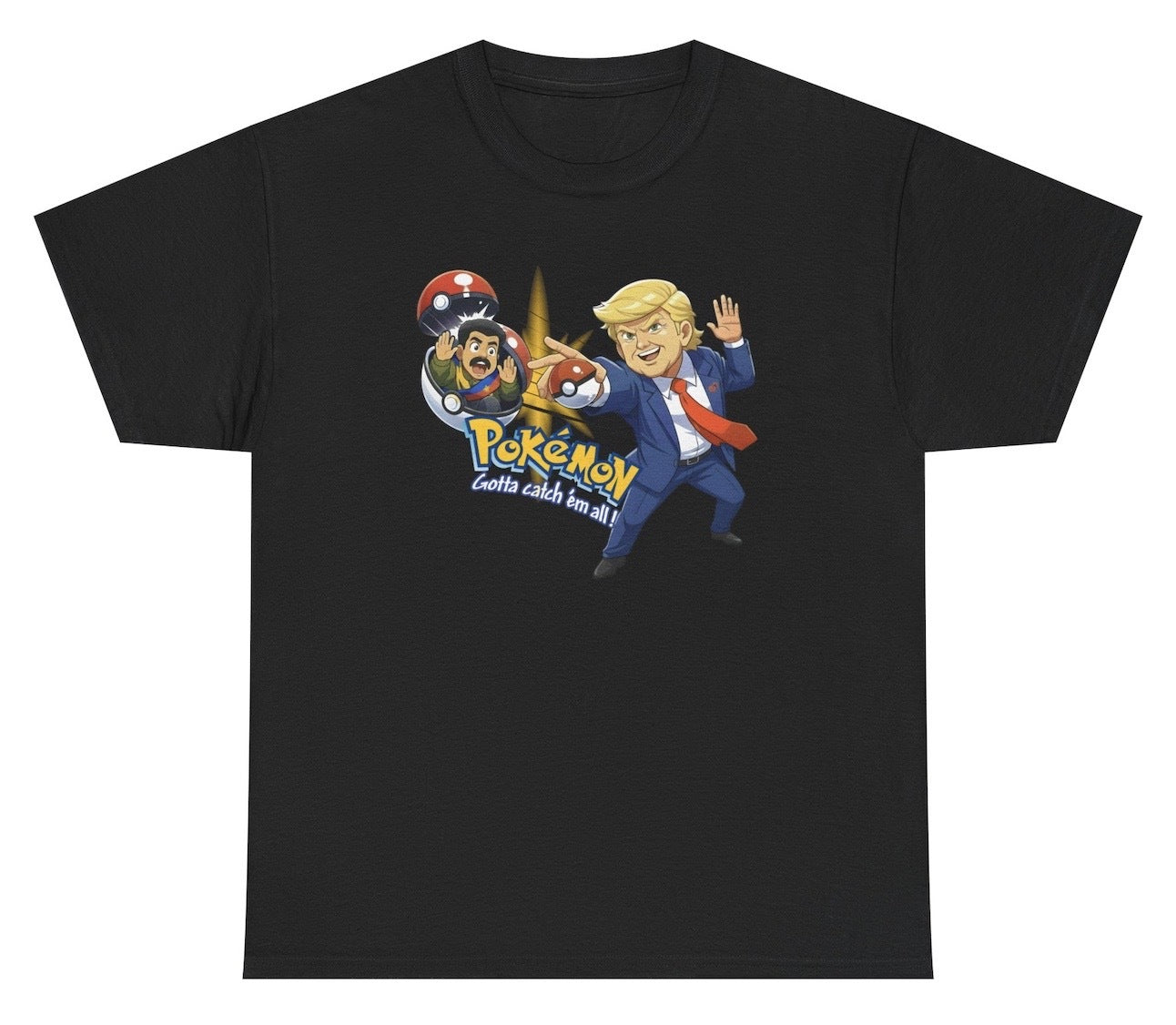 Parody T‑shirt mixing Trump, Maduro, and Pokémon‑style meme references for viral political humor.
