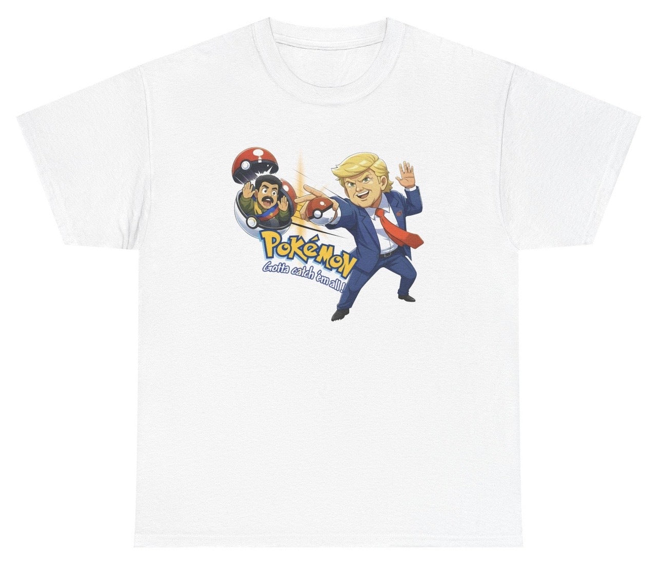 Parody T‑shirt mixing Trump, Maduro, and Pokémon‑style meme references for viral political humor.