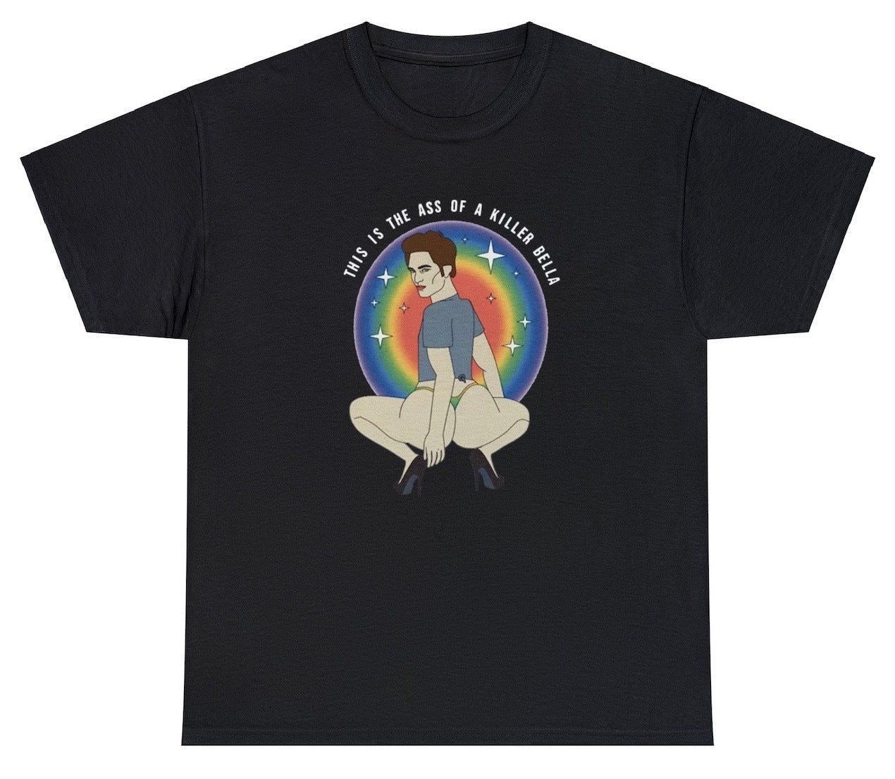 "Playful 'This Is The Ass Of A Killer Bella' t-shirt, perfect for fans of Twilight and viral memes. Ideal for casual wear and gifts."

