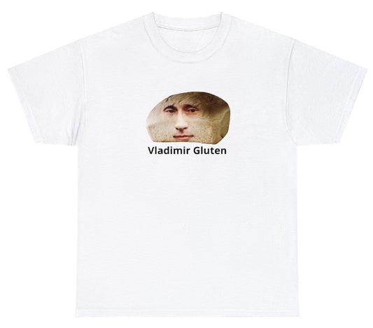"Quirky 'Vladamir Gluten' t-shirt, perfect for fans of wordplay and witty humor. Ideal for casual wear and fun gifts."

