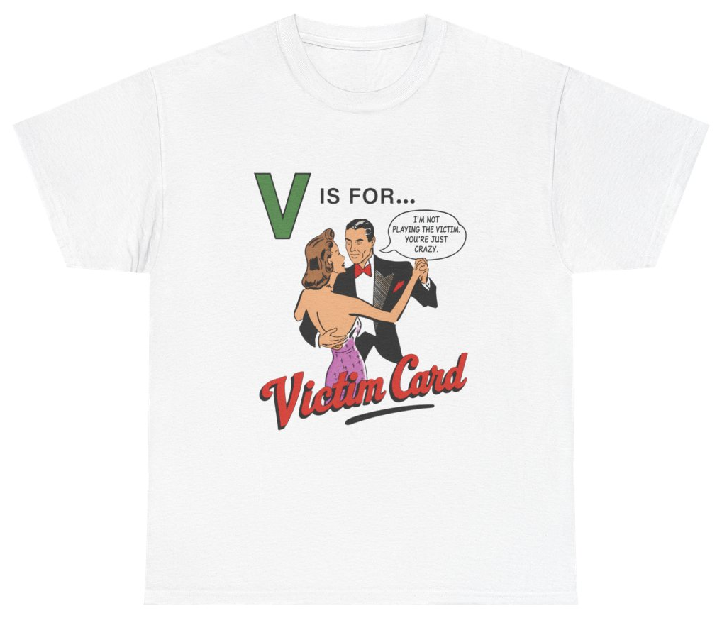 Funny V Is For Victim Card Tee T-Shirt featuring bold sarcastic humor and graphic design, perfect for casual wear and humor lovers