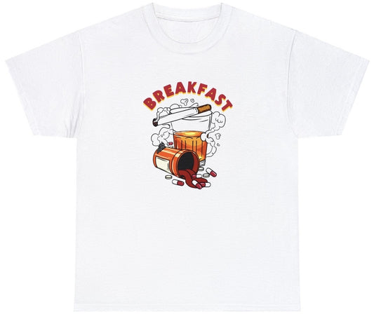 "Edgy 'Breakfast Whiskey Cigarette' tee, perfect for fans of bold humor and rebellious statements. Ideal for casual wear and fun gifts."

