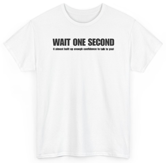 Funny Wait One Second I Almost Built Up Enough Confidence To Talk To You T-Shirt featuring bold sarcastic humor and graphic design, perfect for casual wear and humor lovers