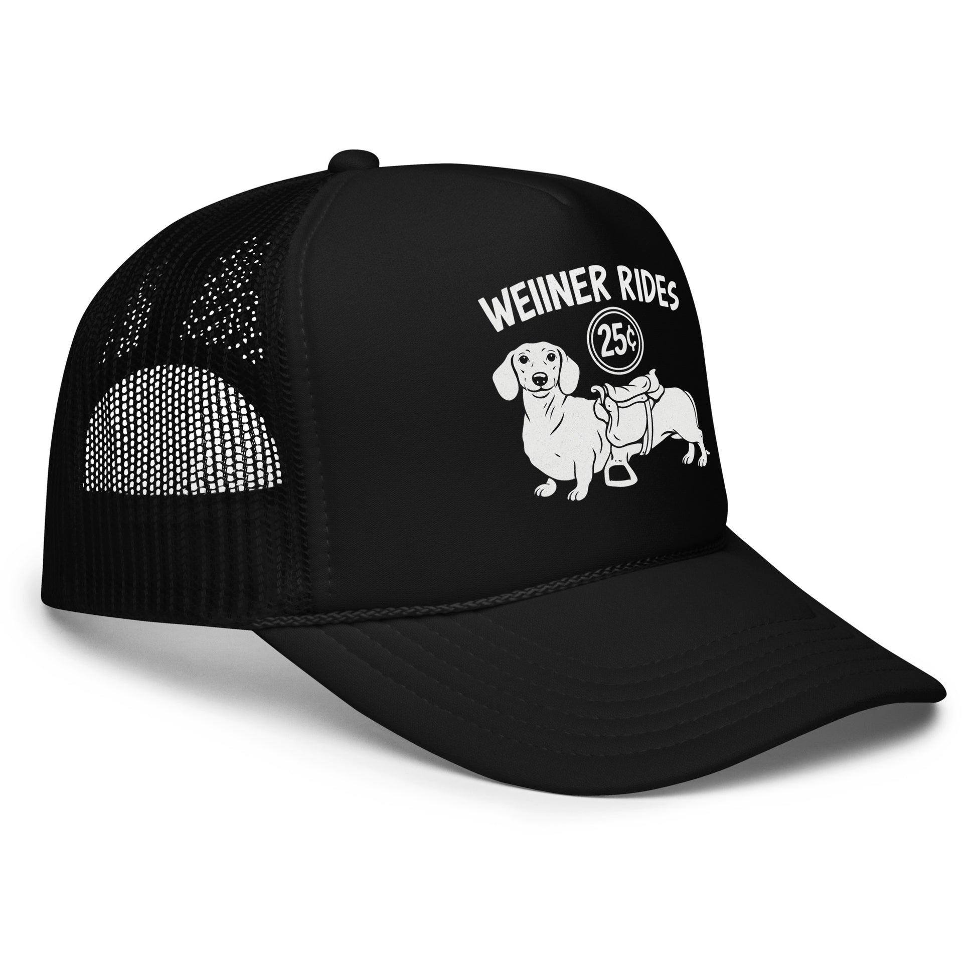 Funny inappropriate trucker hat for men with bold text that says “Weiner Rides 25 Cents” on a structured mesh-back cap — a top-selling crazy hat that’s perfect for drinking nights, bachelor parties, or outrageous humor.

