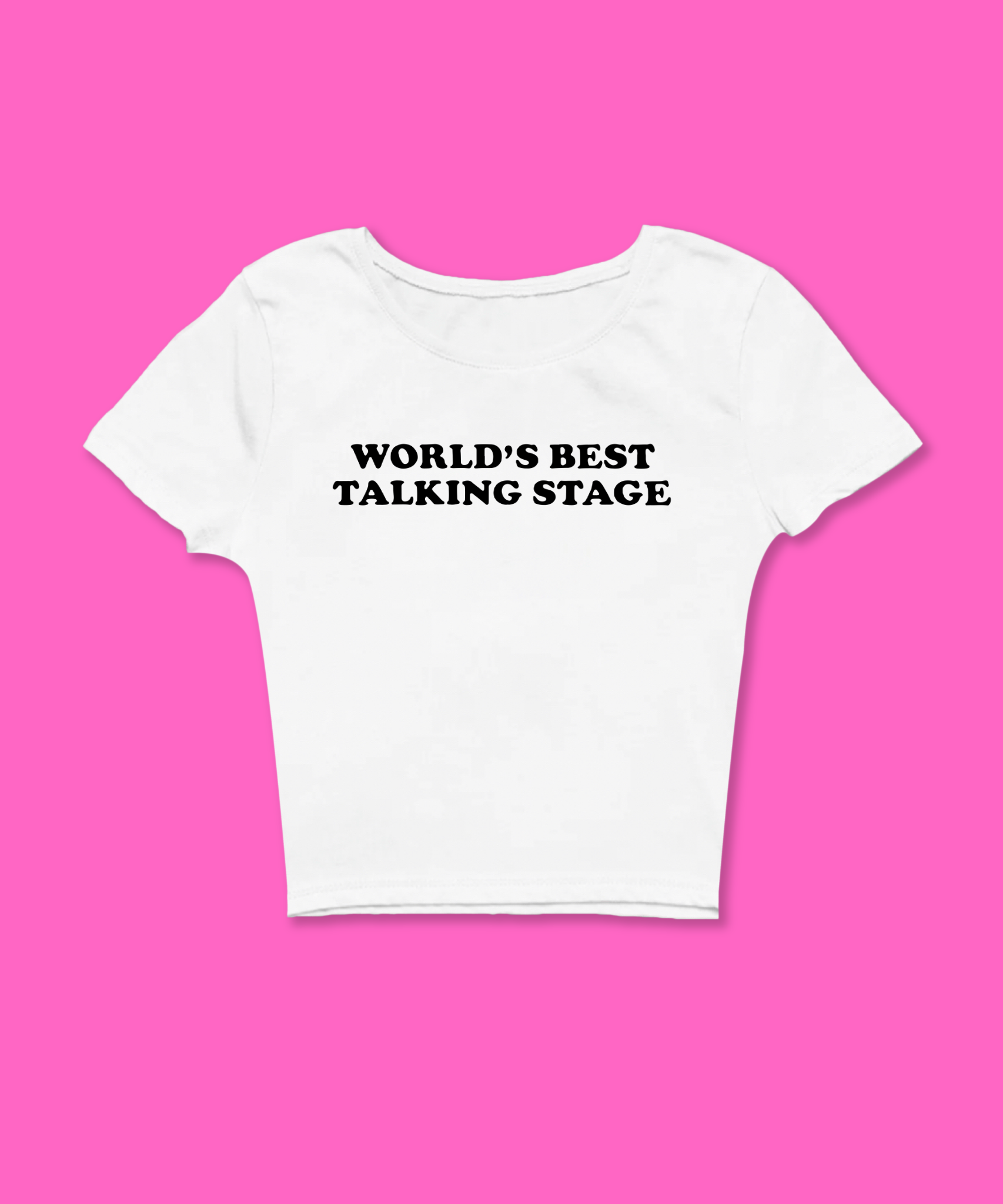 Worlds Best Talking Stage  Baby Tee featuring a bold graphic and Y2K aesthetic. This funny baby tee is a women’s crop top available as a black baby tee or white baby tee, perfect for those who love graphic baby tees and Y2K baby tee fashion.