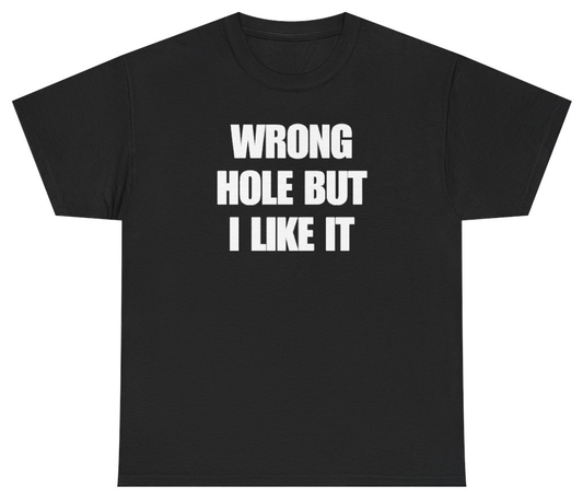 Funny Wrong Hole But I Like It Tee T-Shirt featuring bold sarcastic humor and graphic design, perfect for casual wear and humor lovers