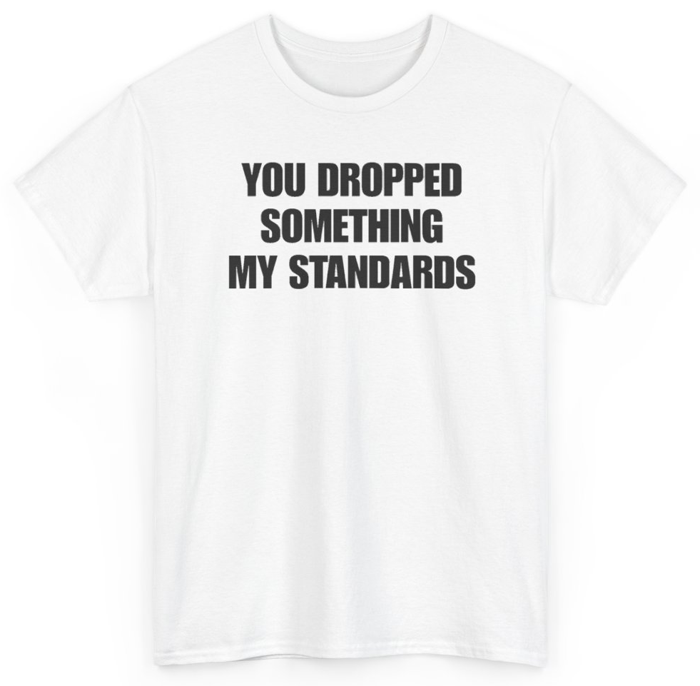 Funny You Dropped Something My Standards T-Shirt featuring bold sarcastic humor and graphic design, perfect for casual wear and humor lovers