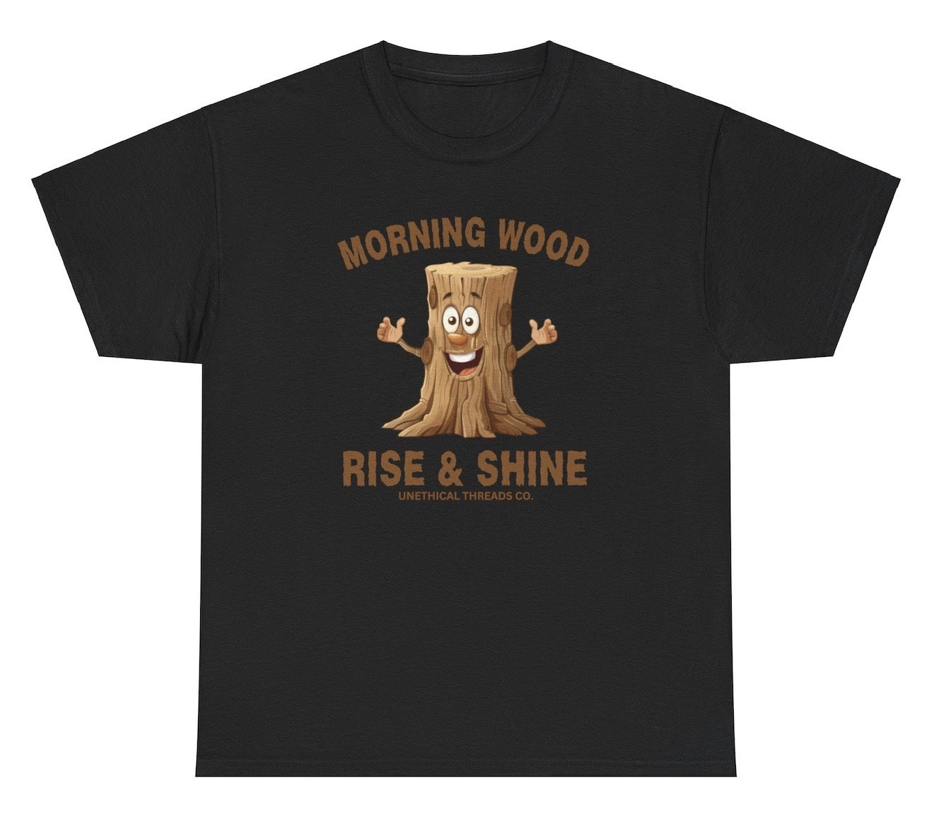 Funny "Morning Wood Rise And Shine" shirt featuring a smiling wood graphic with a playful and inappropriate twist. Perfect for fans of quirky wordplay and bold jokes. Great for casual wear and gag gifts.