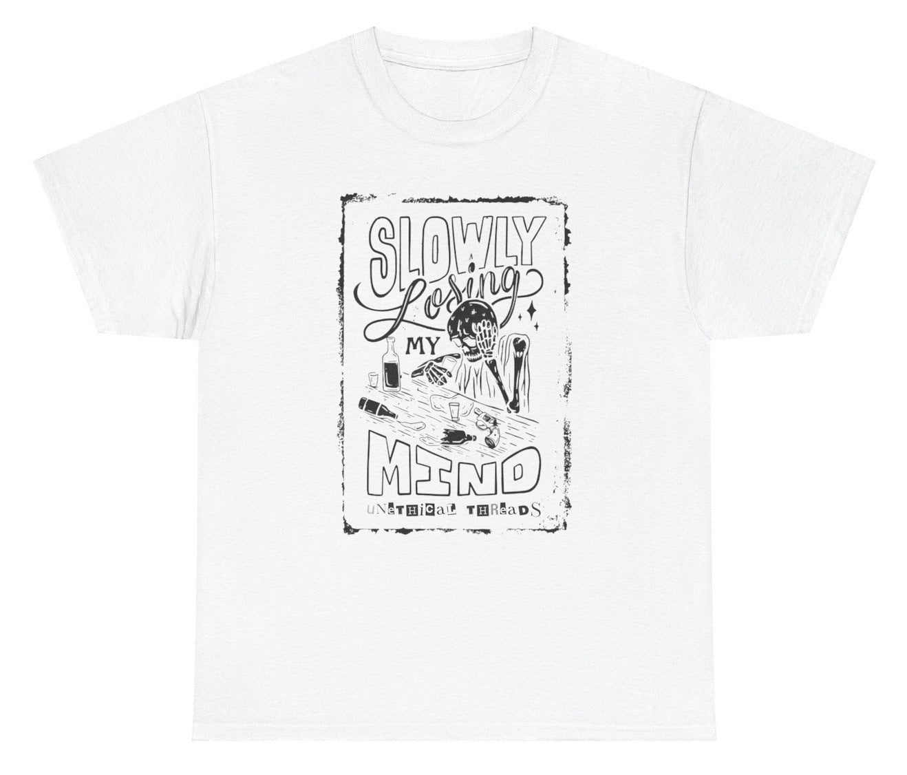 Funny "Slowly Losing My Mind" shirt featuring an alcoholic skeleton, perfect for Halloween. Ideal for fans of dark humor and spooky jokes. Great for casual wear, Halloween parties, and gag gifts.