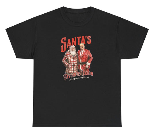 Funny "Santa's Favorite Felon" shirt featuring Santa hugging Donald Trump, blending holiday humor with political satire. Perfect for holiday parties and gag gifts.